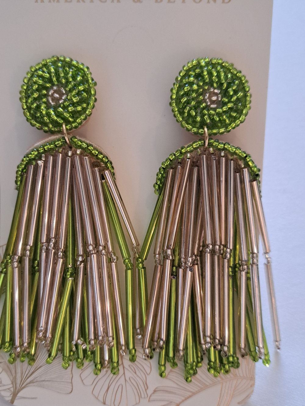 Green Beaded Fringe Statement Earrings -